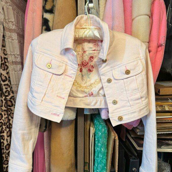 ♡ JESUS DIAMANTE Crop White/Rose Pink Denim Jacket ♡ - Picture 1 of 6